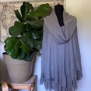 Gray Fringed Cowl-Neck Poncho